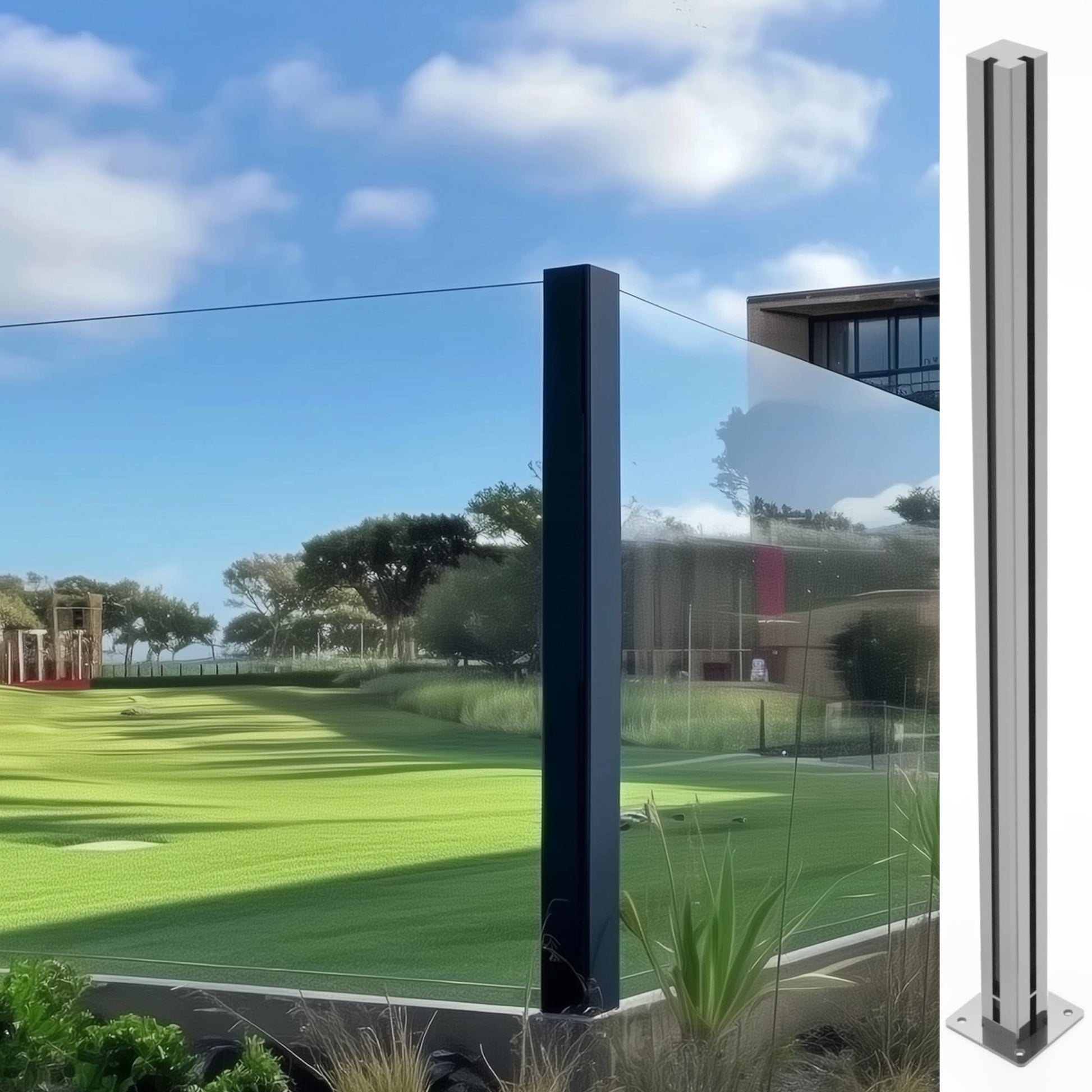 Glaszaun Edelstahl-Pfosten 125–195 cm, RAL 9006 Weißaluminium – Sichtschutz für Terrasse & Garten