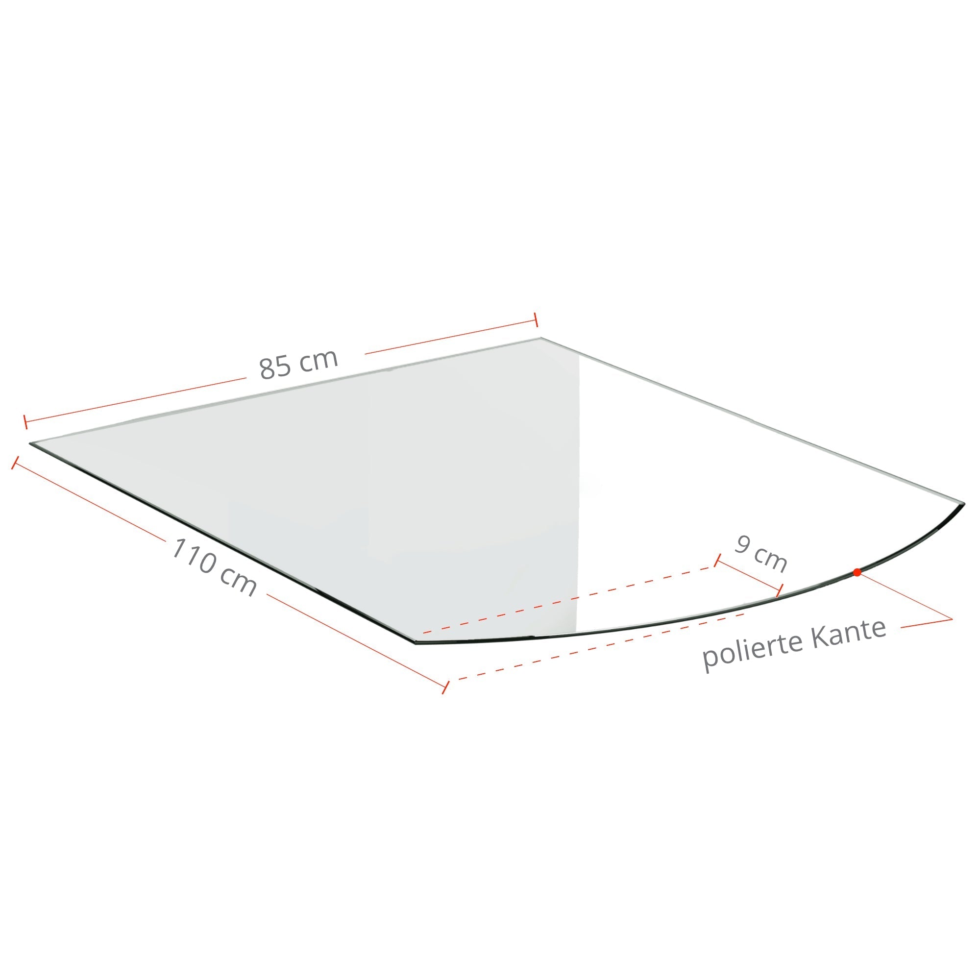 Kaminglasplatte Segmentbogen 85x110cm mit Facette Stichmaß 9cm - 