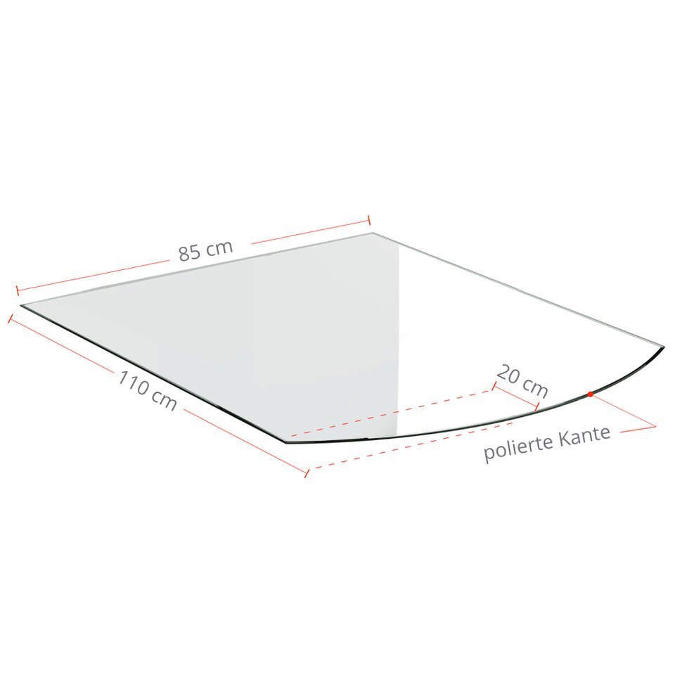 Kaminglasplatte Segmentbogen 85x110cm polierte Kante Stichmaß 20cm - 