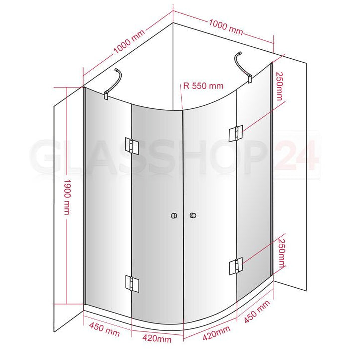 Runddusche Viertelkreis 8mm SR - 008 - Viertelkreisdusche100x100x190cm100x100