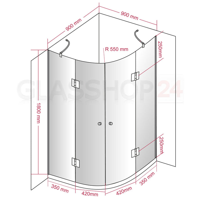 Runddusche Viertelkreis 8mm SR - 008 - Viertelkreisdusche90x90x180cm gekürzt100x100