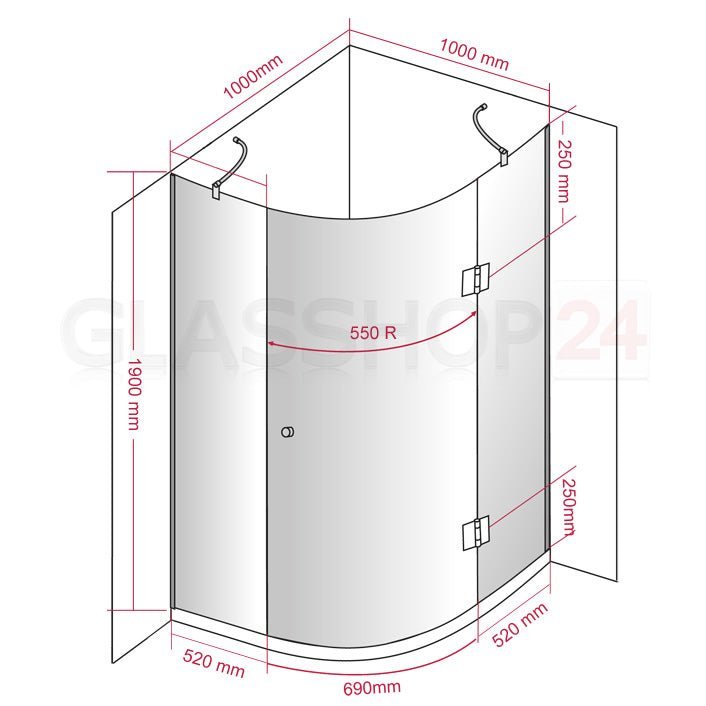 Runddusche Viertelkreis 8mm SR - 009 - Viertelkreisdusche