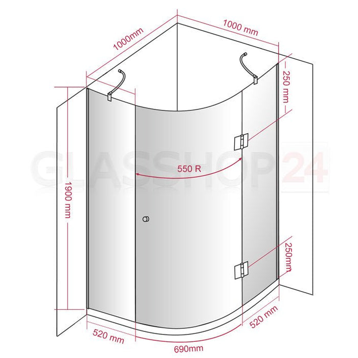 Runddusche Viertelkreis 8mm SR - 009 - Viertelkreisdusche100x100x190cm100x100