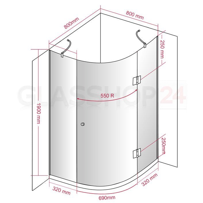 Runddusche Viertelkreis 8mm SR - 009 - Viertelkreisdusche