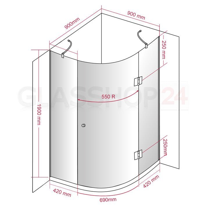 Runddusche Viertelkreis 8mm SR - 009 - Viertelkreisdusche